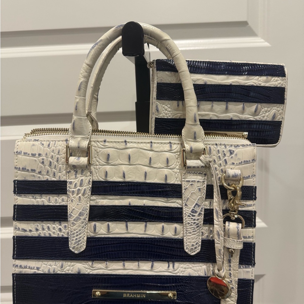Brahmin Navy and White Croc Embossed Women's Bag with wallet